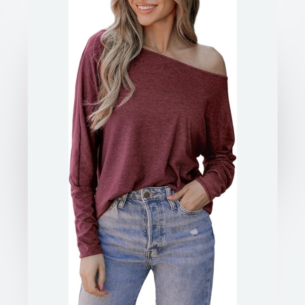 CUPSHE Women Blouse One-Shoulder Gigot Sleeve Tee Long Sleeves Wine Large